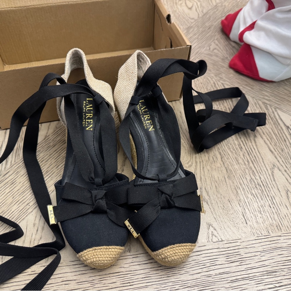 Ralph Lauren Black and Tan Espadrille Wedges